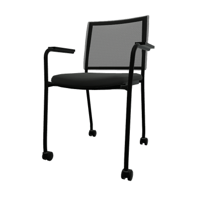 VISITEURS ET FONCTIONNELS - Sur roulettes - ZEN mesh visiteur - Chaise 4 pieds roulettes accotoirs laqué noir (A).Assise tissu et dossier résille Bondai Noir (8033)