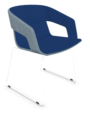 CHAISES ET TABOURETS - Pour tables standards, ht 75 cm, piétement 4 pieds - Melody - Fauteuil pietement Luge Blanc (BL). Tissu Int Step Bleu STB (L05) - Tissu Ext Step Bleu STN (L06)
